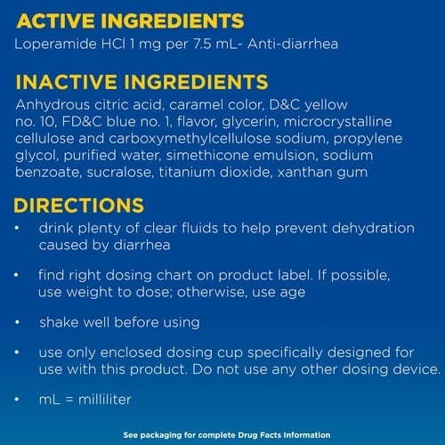 IMODIUM® Anti-Diarrheal children oral solution list of ingredients and directions.