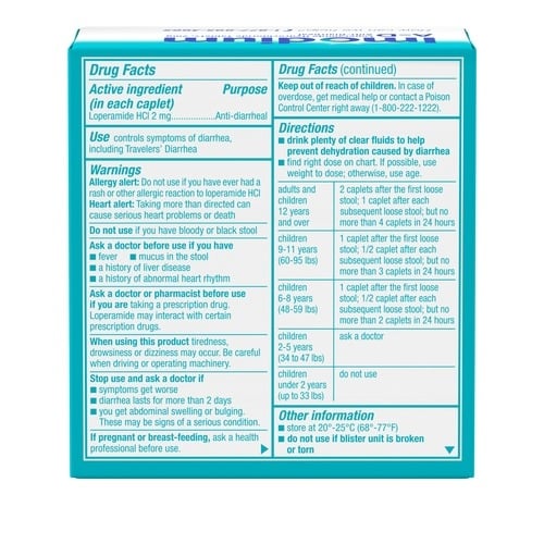 Back package of IMODIUM® Anti-Diarrheal Medicine caplets.