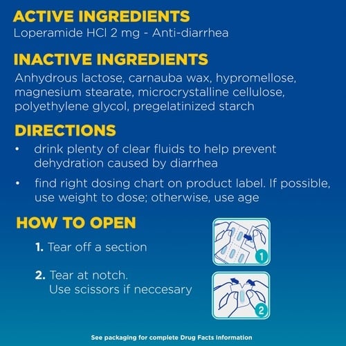 IMODIUM® Anti-Diarrheal caplets list of ingredients and directions.